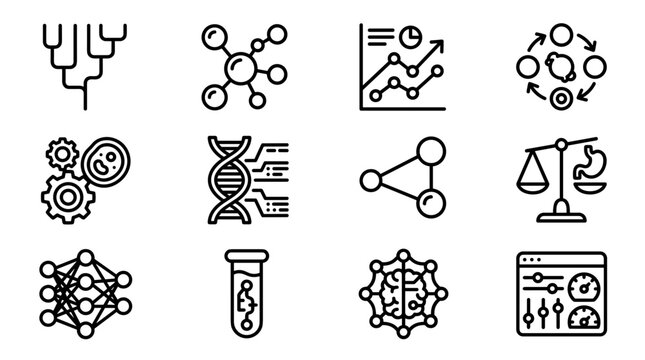 Science and Technology Icons: Biology, Chemistry, Data, AI, Medicine, Research