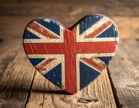 A heart-shaped object with a distressed Union Jack design on a wooden surface
