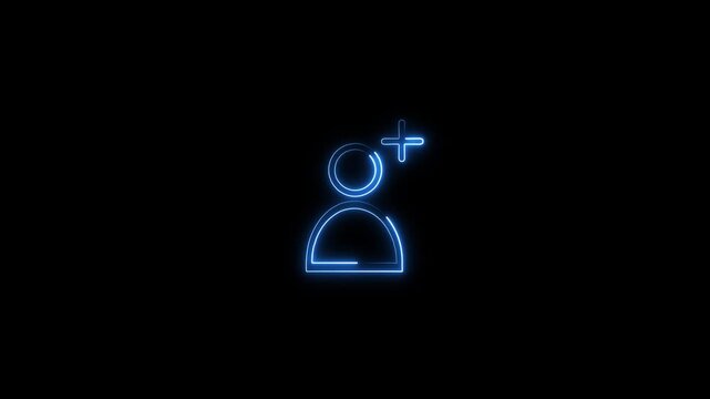 Blue neon add user friend profile account icon animation on black background. Useful for social network connection, new subscriber registration, member lo-gin, and UI elements.