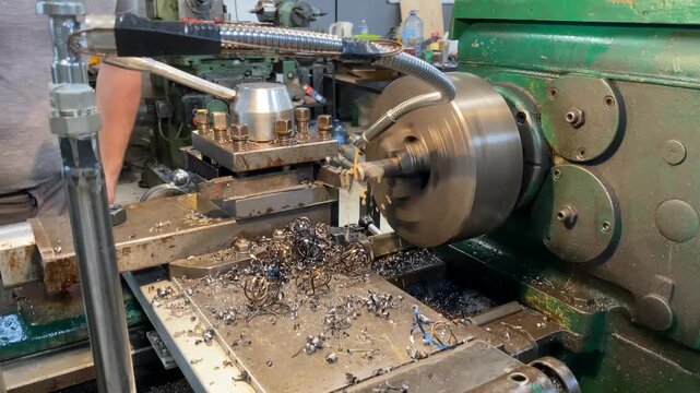 Professional precision metal turning process using industrial lathe machinery to shape steel rods with coolant application for efficient material removal and manufacturing tasks