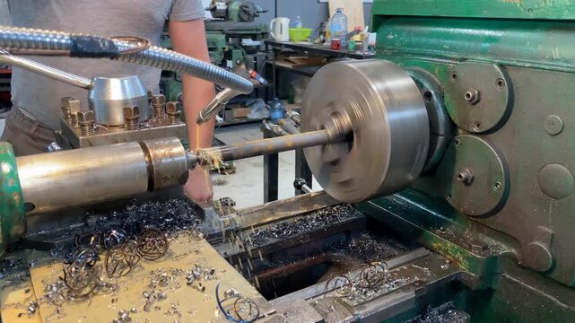 Professional precision metal turning process using industrial lathe machinery to shape steel rods with coolant application for efficient material removal and manufacturing tasks