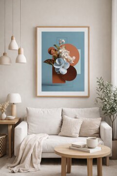 Modern Botanical Floral Geometric Poster Mockup Above Cozy Scandinavian Living Room