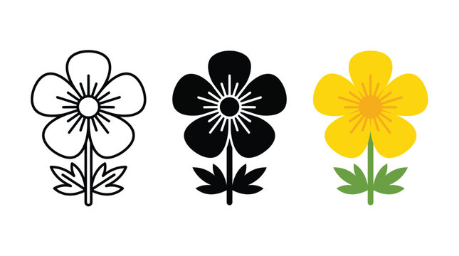 Set of three simple buttercup flower icons in line art solid black and flat color styles Vector