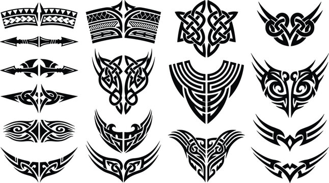 Tribal Tattoo and Celtic Knot Silhouette Icon Set Featuring Polynesian Armband Patterns, Sharp Winged Emblems, and Polynesian Graphic Element Vectors