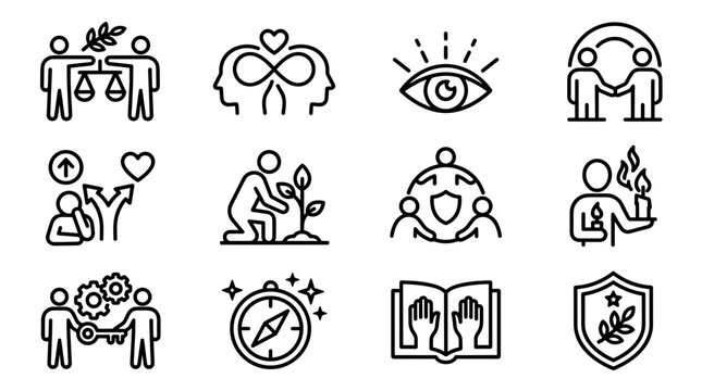 Set of 12 Icons representing unity, collaboration, growth, vision, and protection