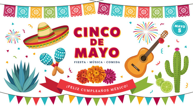 Cinco De Mayo Feliz Cumpleanos Mexico Typography with Sombrero, Guitar, Maracas, Agave, and Papel Picado Banner for Fiesta Designs
