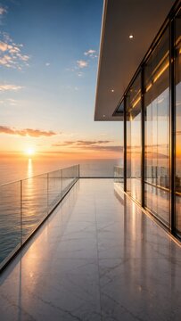 Luxury Ocean View Balcony At Sunset With Modern Glass Architecture Serenity