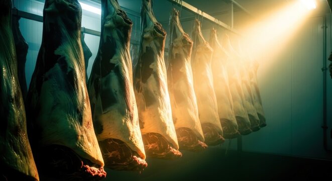Meat hanging in a butcher shop.