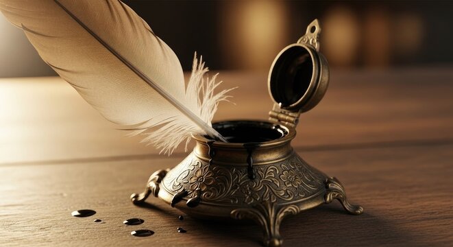 Antique feather quill pen and inkwell on wood.