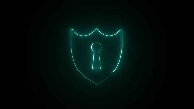 Blue shield icon with keyhole on dark background layout. Cybersecurity protection shield symbol for modern data access privacy. Animated shield icon for system.