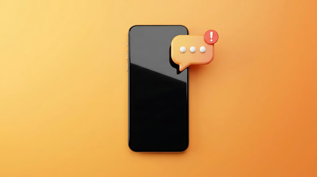 3D smartphone with notification message bubble icon on orange background