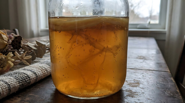 Kombucha SCOBY growth and bubbles in a glass jar, showcasing fermentation process.