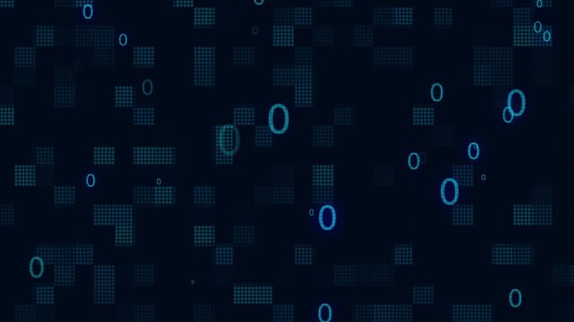 Blue numbers and pixel blocks scattered on dark technology grid. Business statistics numbers symbol for database financial report. Animated numbers graph loop.