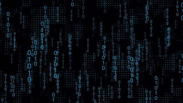 Blue binary code text falling on dark background screen. Computer programming binary code characters for cyber safety workspace. Animated binary code loop.