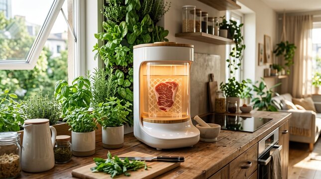 Futuristic smart kitchen appliance cooking steak with glowing light, surrounded by fresh herbs, showcasing modern culinary technology.