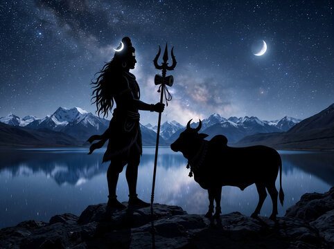 Lord Shiva Silhouette Under Moonlit Sky with Trident, Divine Hindu God Spiritual Illustration