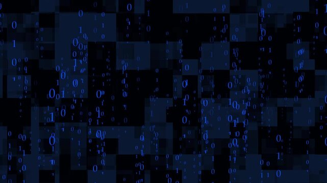Binary numbers glowing over layered digital square blocks layout. Computer programming binary numbers symbol for data encryption core. Animated binary numbers.