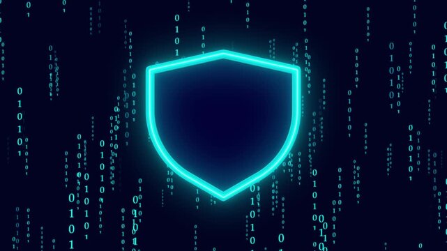 Blue shield icon over dark background with falling binary code. Cybersecurity protection shield icon symbol for database server data. Animated shield icon loop.