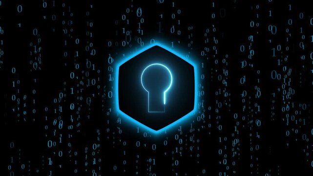 Blue keyhole icon inside hexagon with falling binary code. Cybersecurity lock keyhole icon symbol for encrypted cloud database. Animated keyhole icon loop.
