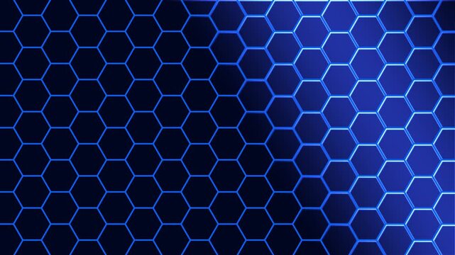 Blue hexagon grid pattern layout with dark gradient lighting. Abstract geometric grid texture for modern technology presentation. Animated hexagon grid loop.