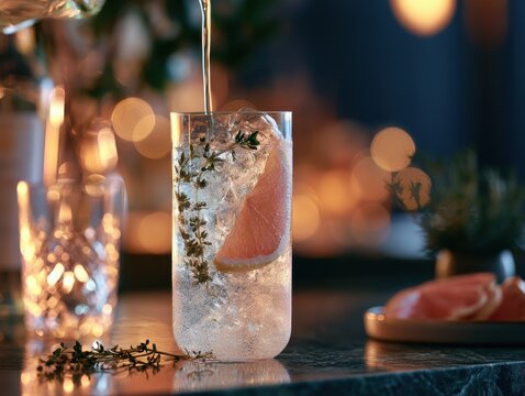 Sparkling grapefruit cocktail being poured at a bar
