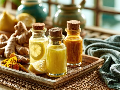 Turmeric ginger and lemon infusion in glass bottles