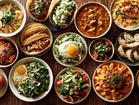 Assorted traditional dishes arranged on rustic wooden table