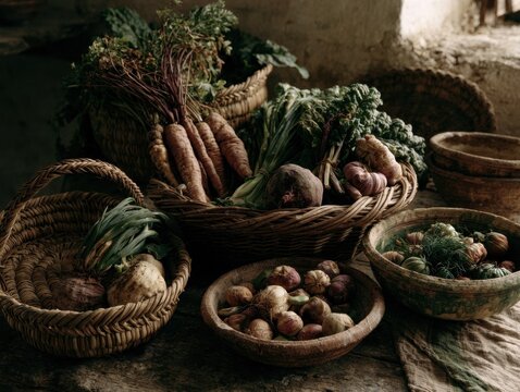 Rustic baskets of fresh vegetables on a wooden table