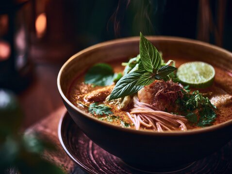 Spiced noodle soup with herbs and lime in a bowl