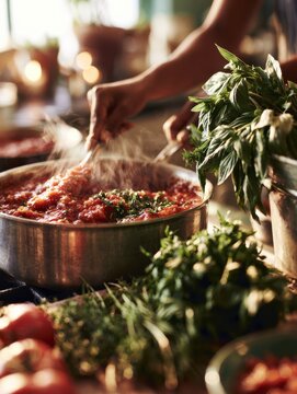 Hands stirring tomato sauce with basil in a cooking class