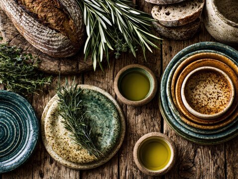 Rustic bread and ceramic tableware with herbs and olive oil
