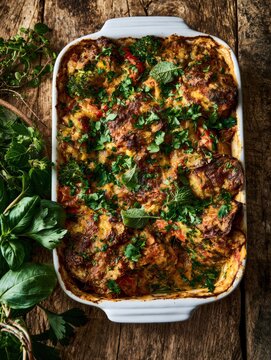 Rustic baked casserole with fresh herbs on wooden table
