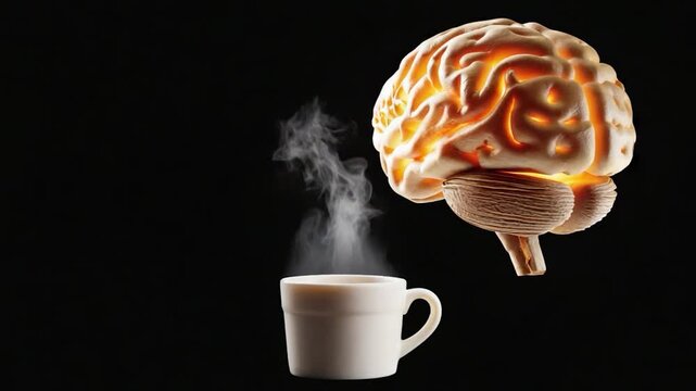 A stylized model brain, illuminated, floats above a cup of steaming coffee against a black background