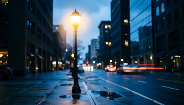 Lampu Jalan Menyala di Jalan Kota Modern Saat Senja Setelah Hujan