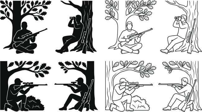 Hunter Silhouette and Line Art Vector Set Featuring Men with Rifles and Binoculars Under Trees for Hunting, Outdoors, Wildlife, and Adventure Graphic Designs
