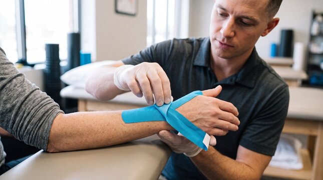 Physical therapist applying blue kinesiology tape to a patient wrist in a clinic ad social media download medical thambnail template event festive festival 2026 2027 2028