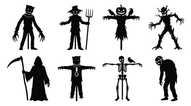 Set of scary halloween scarecrow and monster silhouettes for spooky holiday design Vector