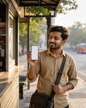 Indian Delivery Worker Holding Blank Smartphone at Bus Stop