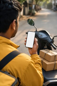 Delivery Worker Holding Blank Smartphone Beside Scooter and Parcels