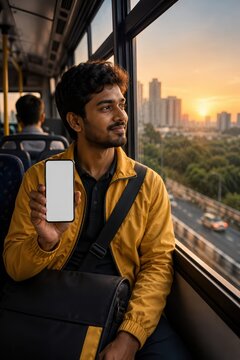 Indian Delivery Worker on Bus Holding Blank Smartphone at Sunset