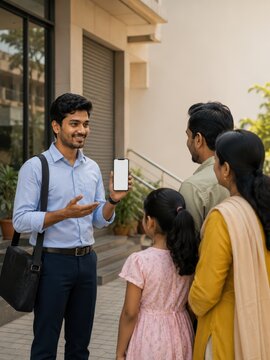 Indian Field Sales Worker Presenting Blank Smartphone to Family