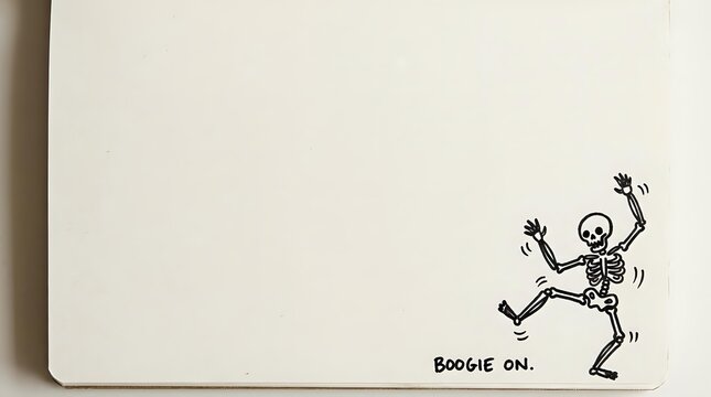 Dancing skeleton figure with "Boogie On" text on cream notebook cover, isolated on white background for design, apparel, and stationery projects.