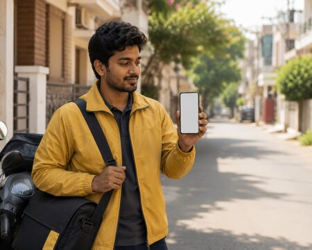 Indian Delivery Worker Holding Blank Smartphone on Neighborhood Street