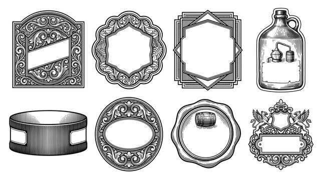 Collection of vintage engraved label frames and badges for product packaging, featuring floral ornaments, barrels, and heraldic griffins in an antique woodcut style.