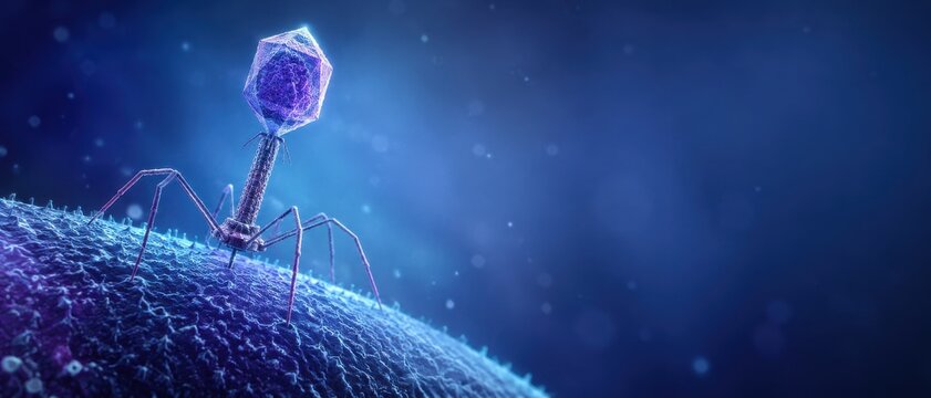 Bacteriophage attached to bacterial surface in blue light