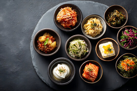 Assorted Korean Side Dishes (Banchan) on Dark Slate / ダークストーンプレートに並ぶ韓国の副菜（パンチャン）