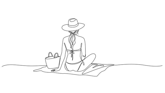 animated continuous line drawing of a woman in a bikini and sun hat sitting on a beach towel, back view, minimalist summer vacation line art animation