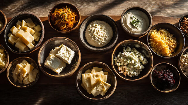 Overhead View of Assorted Cheeses in Small Bowls on Wooden Board / 木製ボードに並べられた小鉢入りのチーズ詰め合わせ、俯瞰