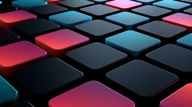 Abstract digital grid of glowing red and cyan squares on black surface