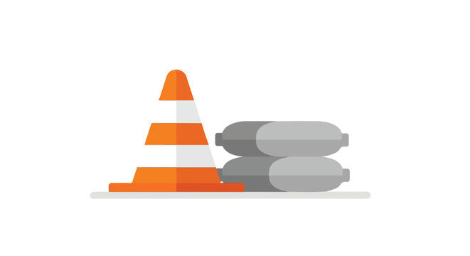 A minimalist vector illustration showing an orange and white safety cone standing next to a stack of two grey industrial sandbags.